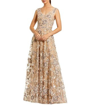 Floral Embroidered Sleeveless V-Neck Long Gown | Dillard's