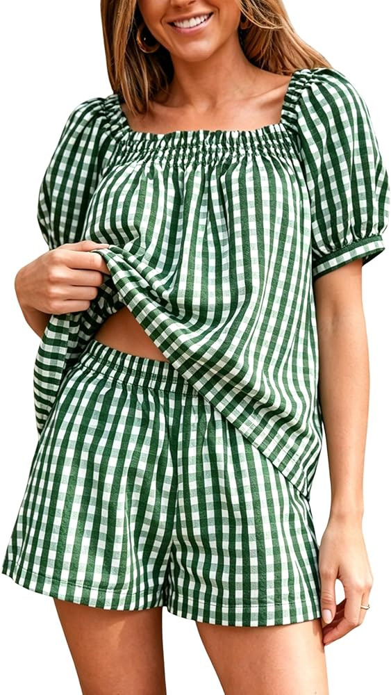 Yeokou Women Plaid 2 Piece Summer Casual Puff Sleeve Smocked Babydoll Shirt Wide Leg Shorts Match... | Amazon (US)