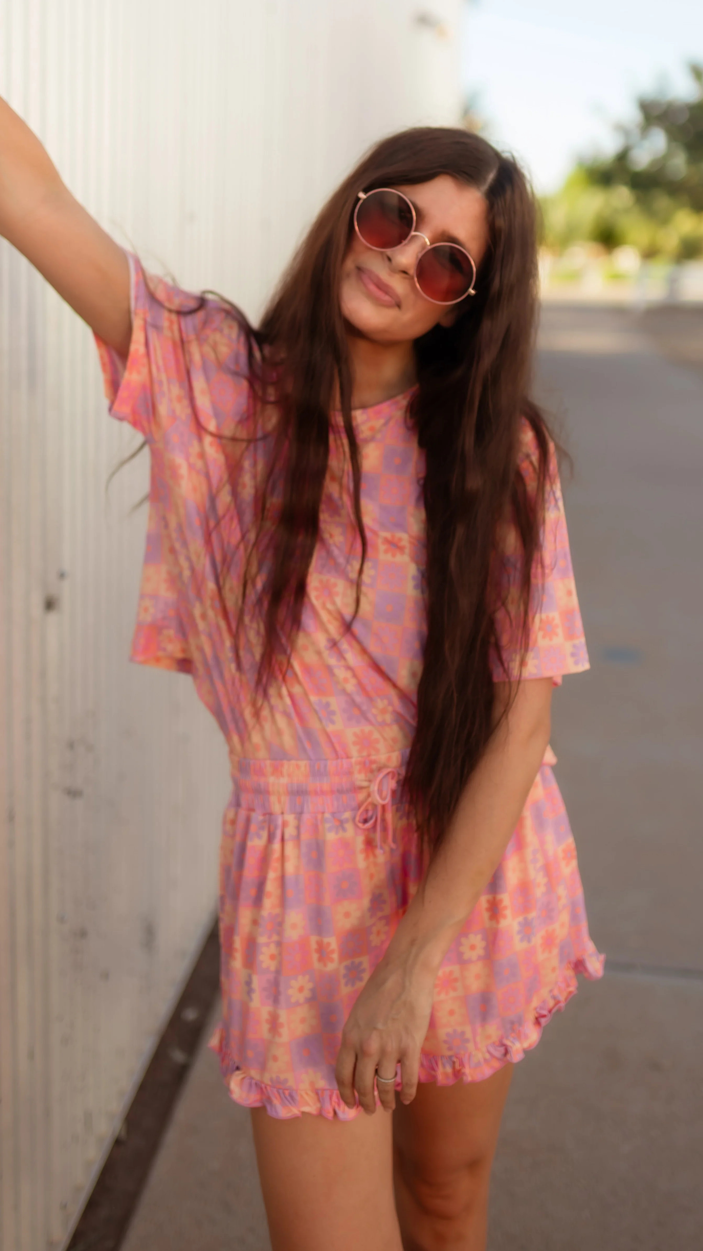 Women’s Ruffle Short Set in Groovy Checkered Flowers | Silks Design