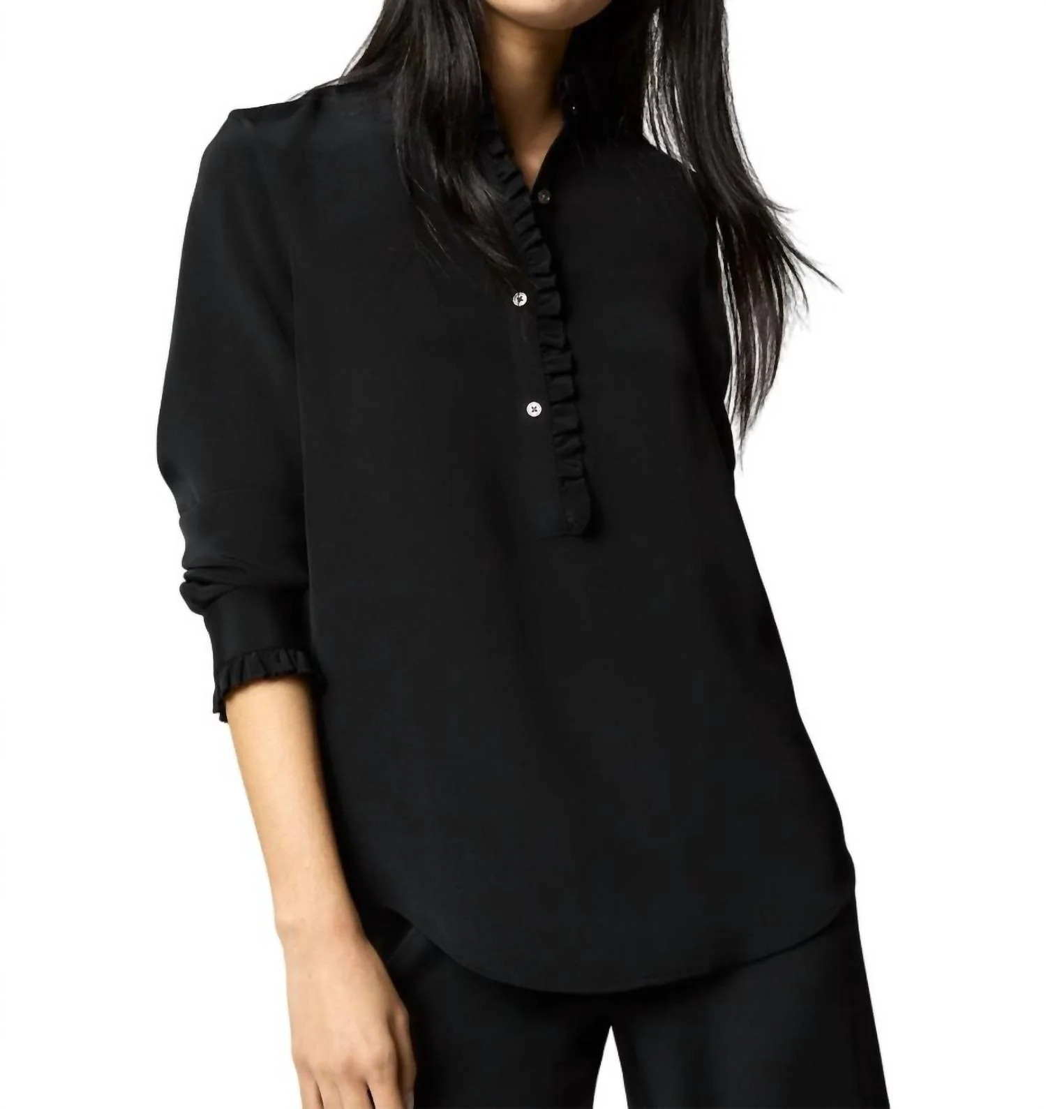 Frill Blouse In Black Silk Crepe De Chine | Shop Simon