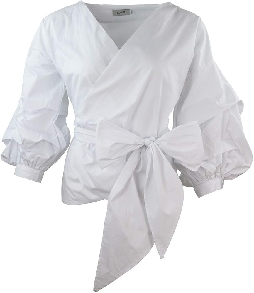AOMEI Women Spring Summer Blouses with Puff Sleeve Sashes Shirts Tops | Amazon (US)