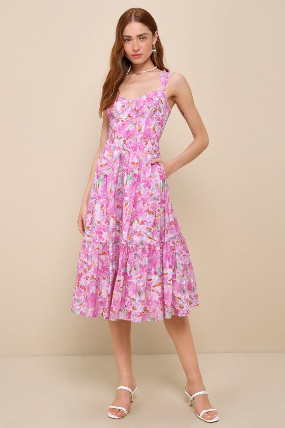 Adorable Presence Pink Floral Bustier Midi Dress With Pockets | Lulus