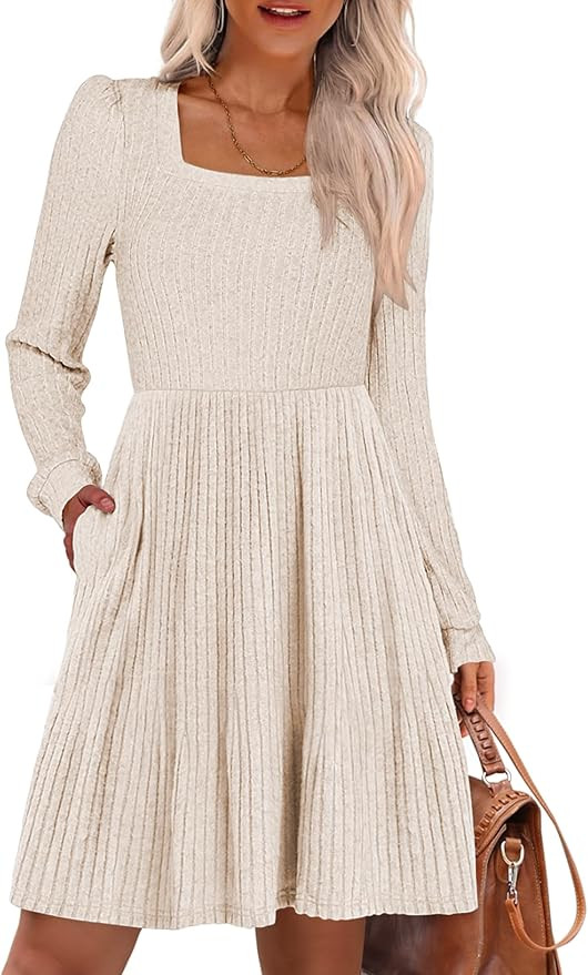 ANRABESS Women's Square Neck Long Sleeve Fall Dress Casual Ribbed Knit Soft 2026 Trendy Short Swe... | Amazon (US)