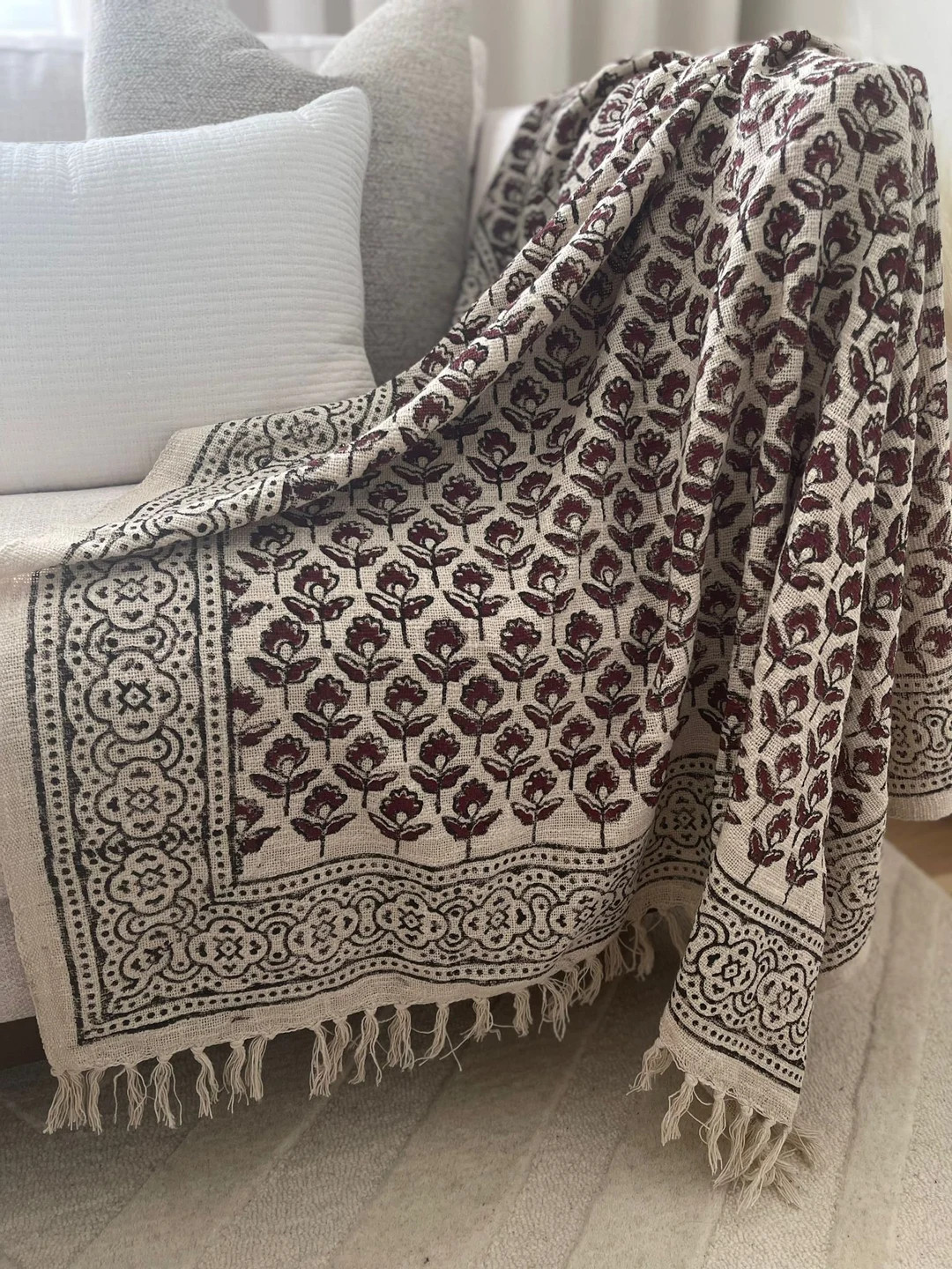 Sofa Décor Room Décor Handmade Throw Handblock Print Throw Soft Cotton Throw Blanket Tassels Ha... | Etsy (US)