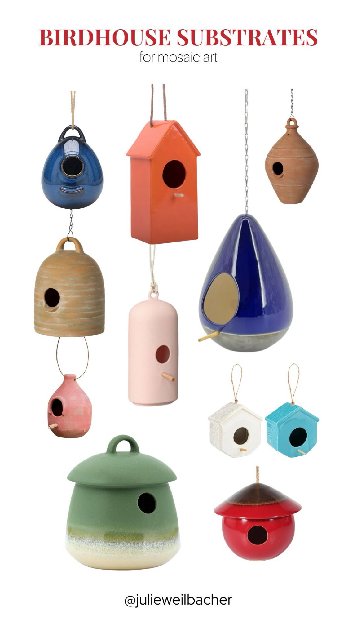 A mosaic birdhouse would be a fun way to take your art outdoors in the garden! 🐦‍⬛ Sharing some inspo for birdhouse substrates specifically for mosaic art. 🐦‍⬛ Substrate materials include glazed ceramic and terra cotta. 🐦‍⬛ You want to make sure that you don’t use wood as your substrate for any outdoor mosaic. 🐦‍⬛ For mosaic tips, tutorials, inspiration, and so much more please visit my YouTube channel: YouTube.com/julieweilbacher. 🐦‍⬛ Follow @julieweilbacher on Instagram for all things mosaic art. spring art - mosaics - birdhouse - spring crafts - mosaic art - patio decor - craft supplies - crafts night in - birdhouse art - gifts for gardeners - garden art - girls night in - outdoor decor - gifts for bird lovers - bird watcher

#LTKSeasonal #LTKhome #LTKfindsunder50