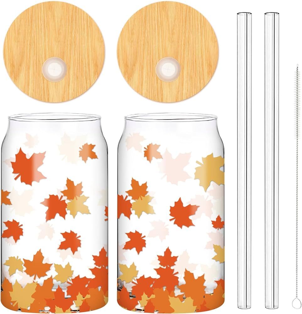 Whaline 2 Pack Fall Drinking Glasses 16oz Maple Leaf Glass Cup Fall Leaves Iced Coffee Cup with L... | Amazon (US)