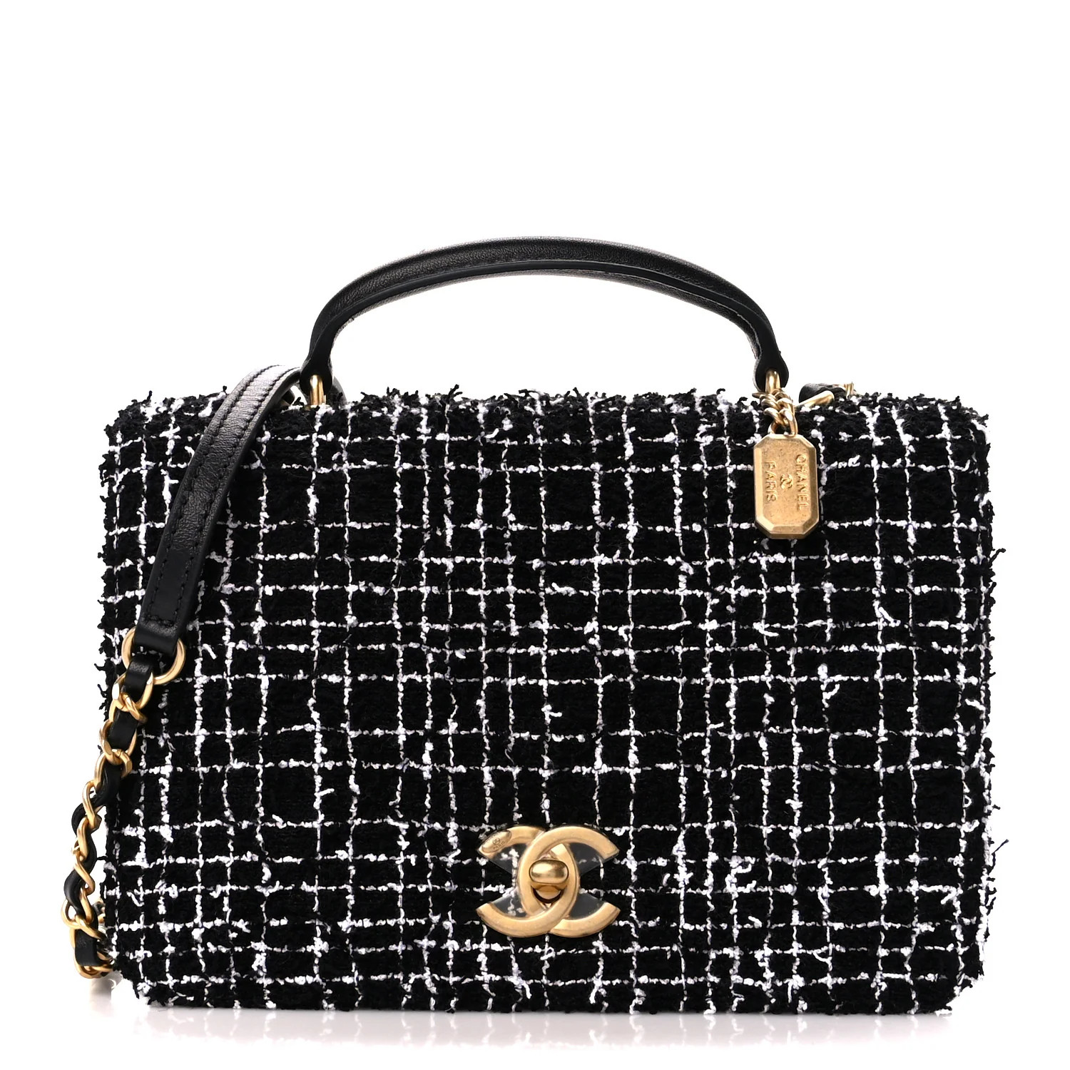 Tweed Quilted Top Handle Rectangular Flap Black White | FASHIONPHILE (US)