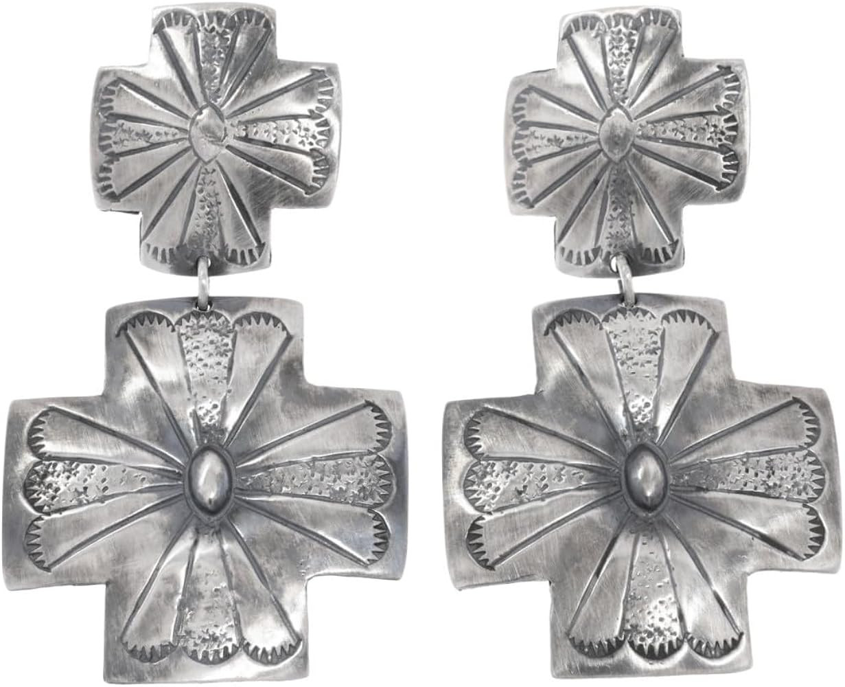 Large Navajo Cross Hammered Sterling Earrings Post Dangle Hinged Design With Santa Fe Buffing by ... | Amazon (US)