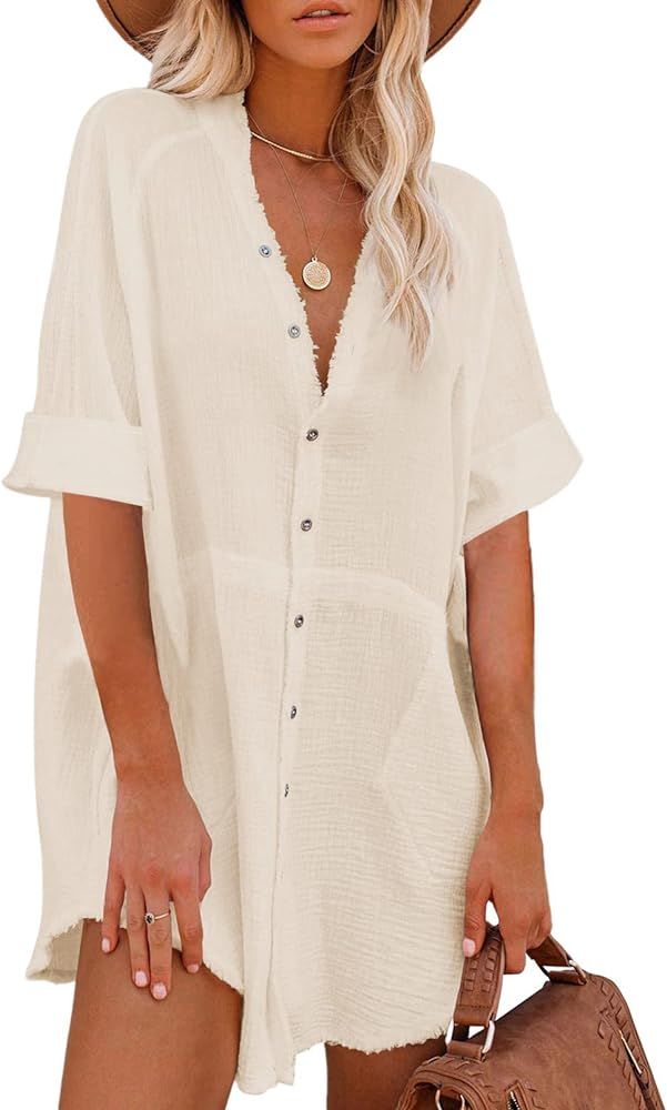 Paintcolors Women's Cotton Button Down Shirt Short Sleee Dresses Tunics Oversized Beach Cover up ... | Amazon (US)