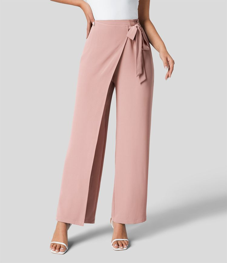High Waisted Tie Side Invisible Zipper Wide Leg Work Suit Pants | HALARA