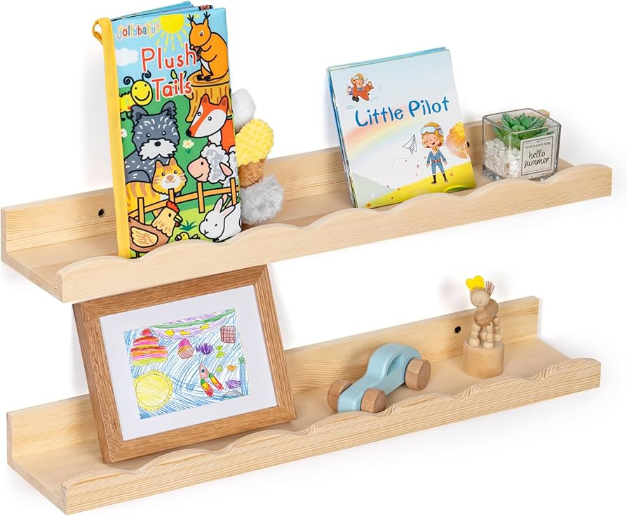 Fun Memories Picture Ledge Shelf for Wall, 24 inch Pine Wood Nursery Book Shelves Set of 2- Wall ... | Amazon (US)