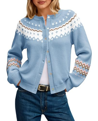 Saodimallsu Womens Fair Isle Sweater Button Up Long Sleeve Cardigans Crew Neck Open Front Knit Vintage Sweater Coats Azure | Amazon (US)