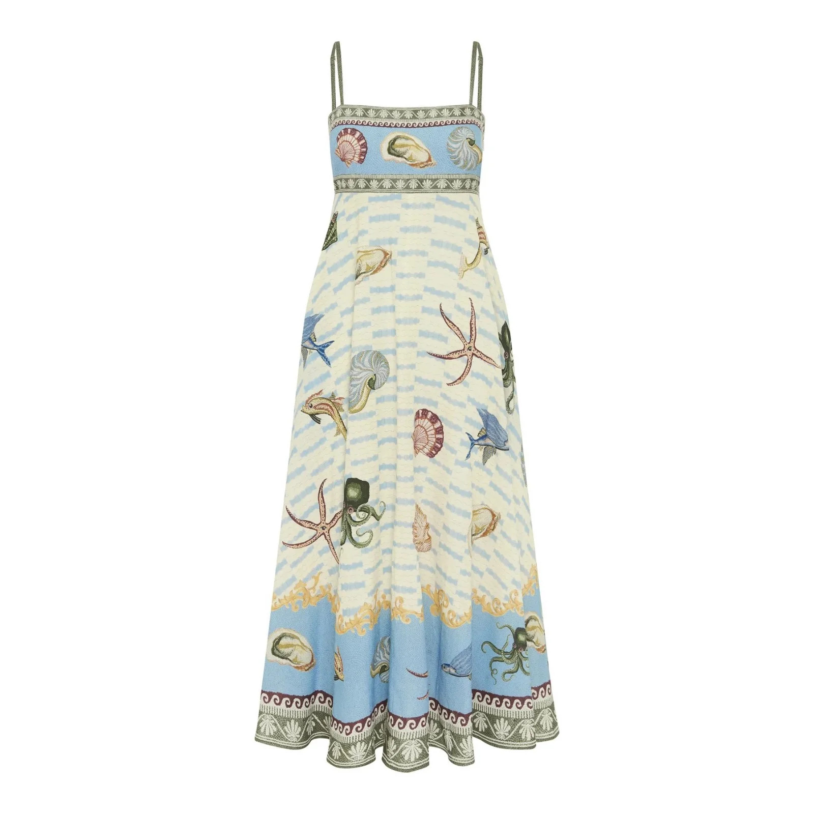 Women Coastal Print Maxi Dress Spaghetti Strap High Waist Flowy Linen Look Sundress | Walmart (US)
