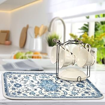 Dish Drying Mat Kitchen Counter Absorbent Blue and White Pattern Coffee Sink Mat Dish Drainer Pad... | Amazon (US)