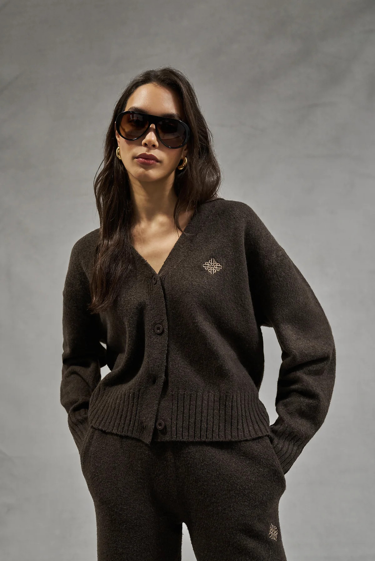 FLUFFY KNIT EMBLEM EMBROIDERED CARDIGAN - BROWN | The Couture Club