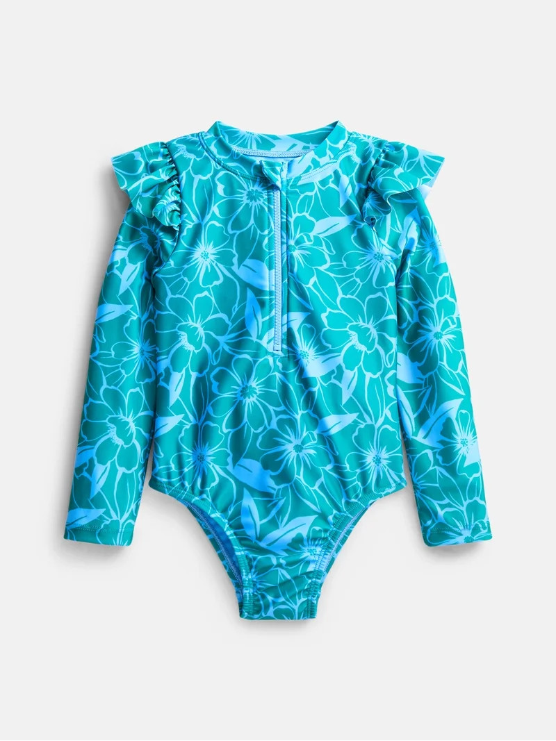 Wonder Nation Baby and Toddler Girls Zip Rash Guard Swimsuit with Long Sleeves, Sizes 12M-5T | Walmart (US)