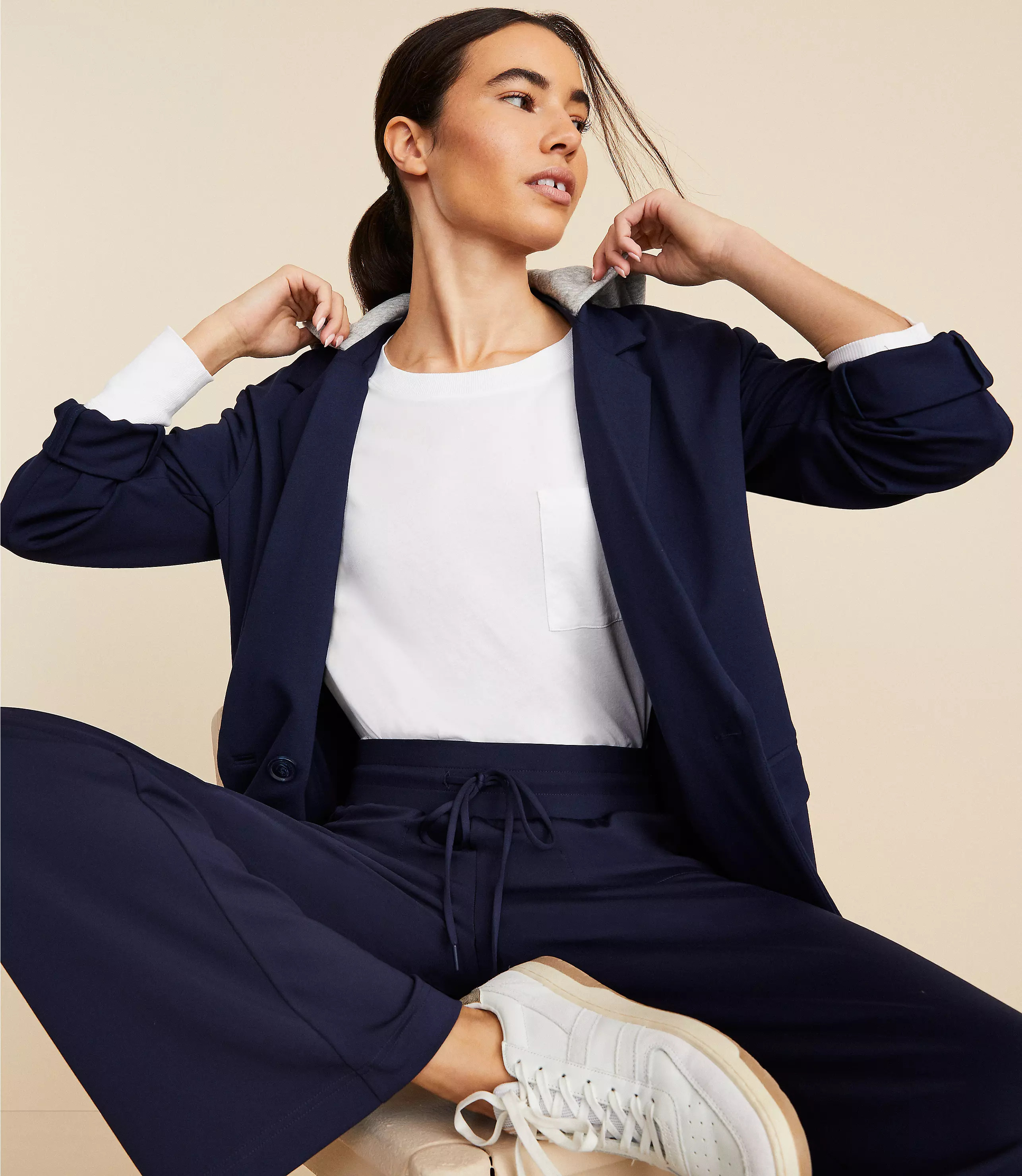 Lou & Grey Sporty Ponte Hooded Double Breasted Blazer | LOFT