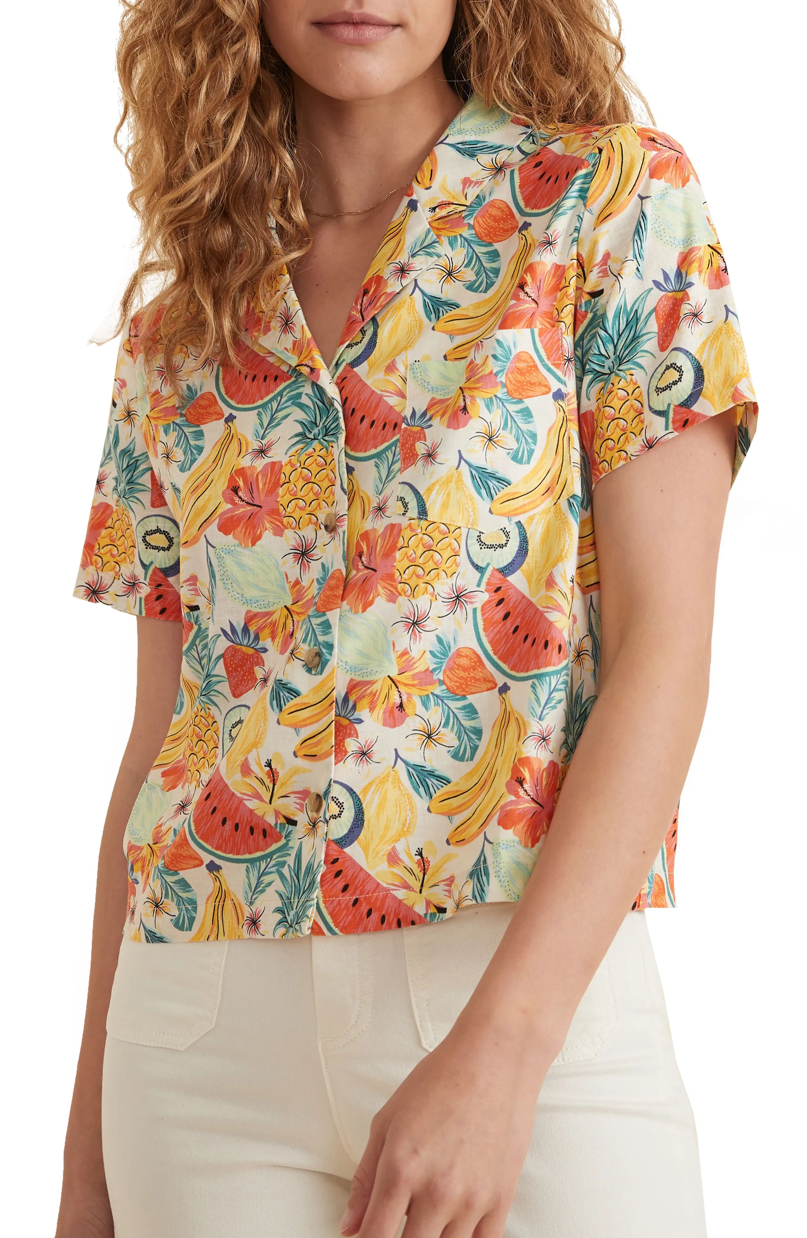 Marine Layer Lucy Tropical Print Camp Shirt, Size Medium in White Fruit Print at Nordstrom | Nordstrom