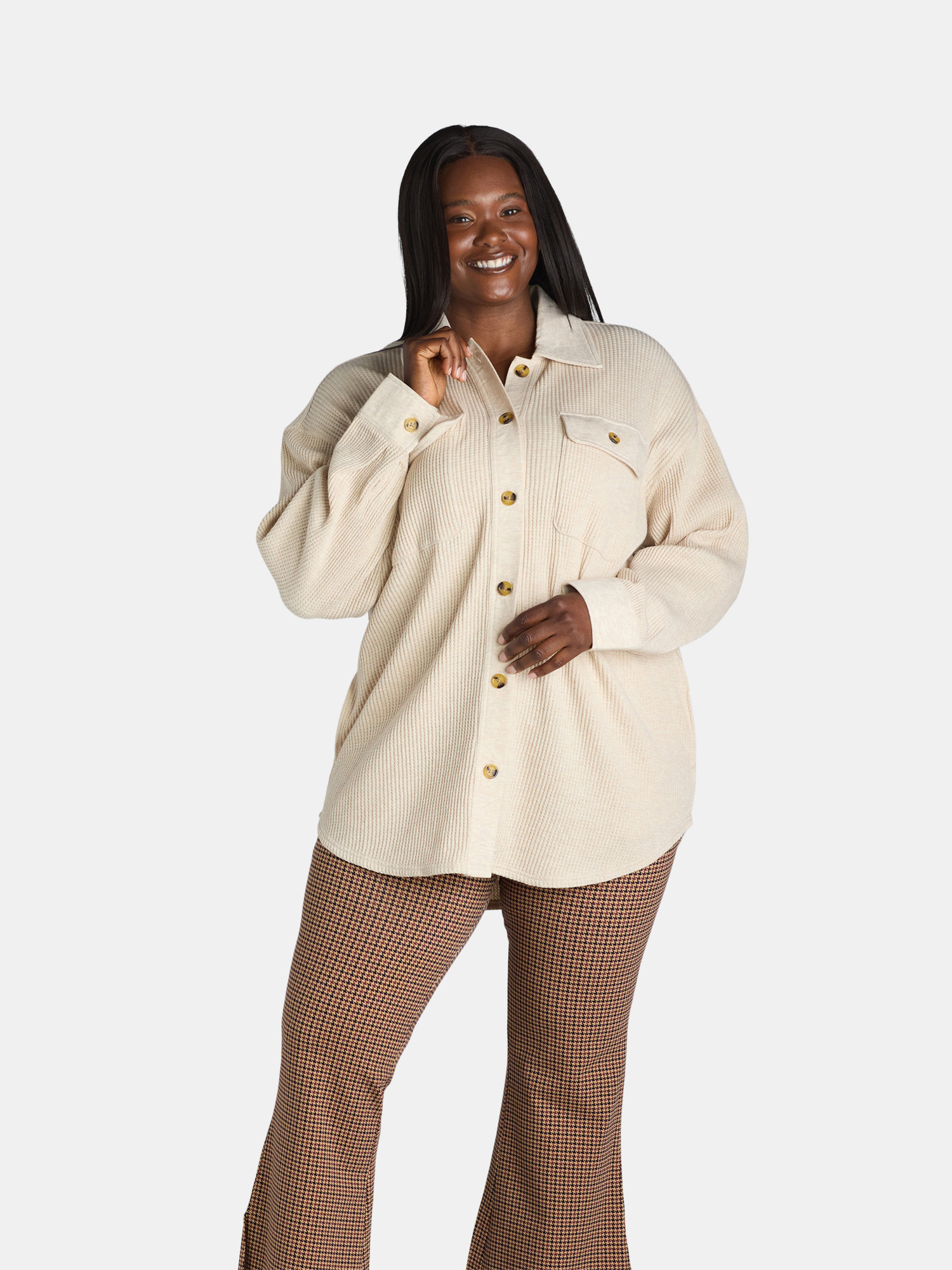 Terra & Sky Women's Plus Size Button Down Waffle Knit Shacket, 0X-4X | Walmart (US)