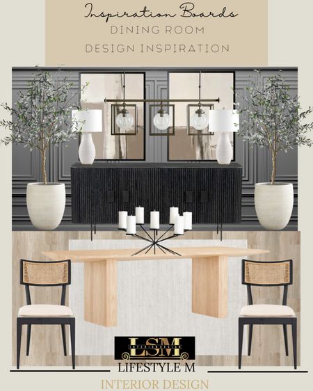 Moody and sophisticated dining room design inspiration. Recreate the look at home. Black buffet console table, oak wood dining table, black upholstered cane dining chair, white dining room rug, candle holder, white tree planter, faux fake tree, white table lamp, wall art, dining room chandelier. 

#LTKstyletip #LTKFind #LTKhome