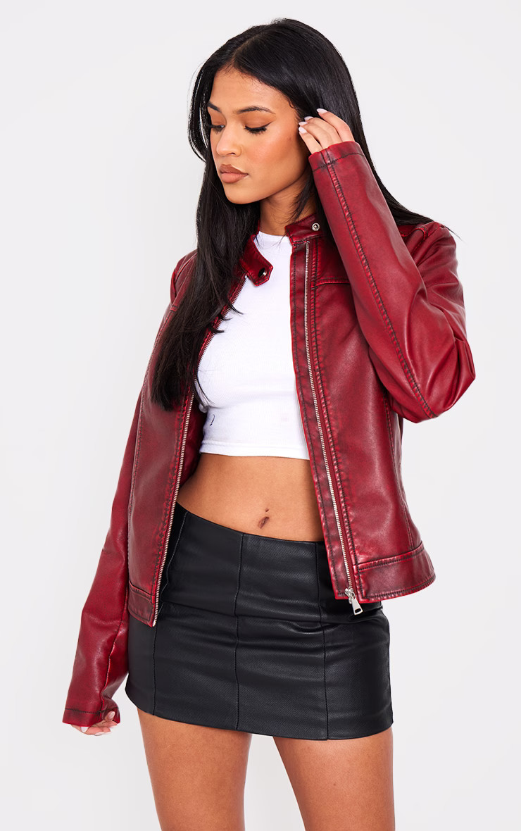 Tall Maroon Washed Pu Oversized Seam Jacket | PrettyLittleThing US