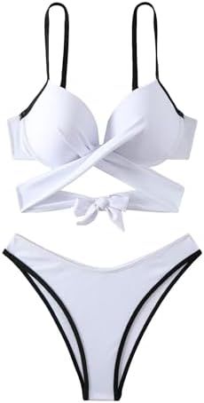 BEAUDRM Women's Solid Criss Cross Bikini Triangle Set Wrap High Cut Bikini Swimsuit Bathing Suit | Amazon (US)