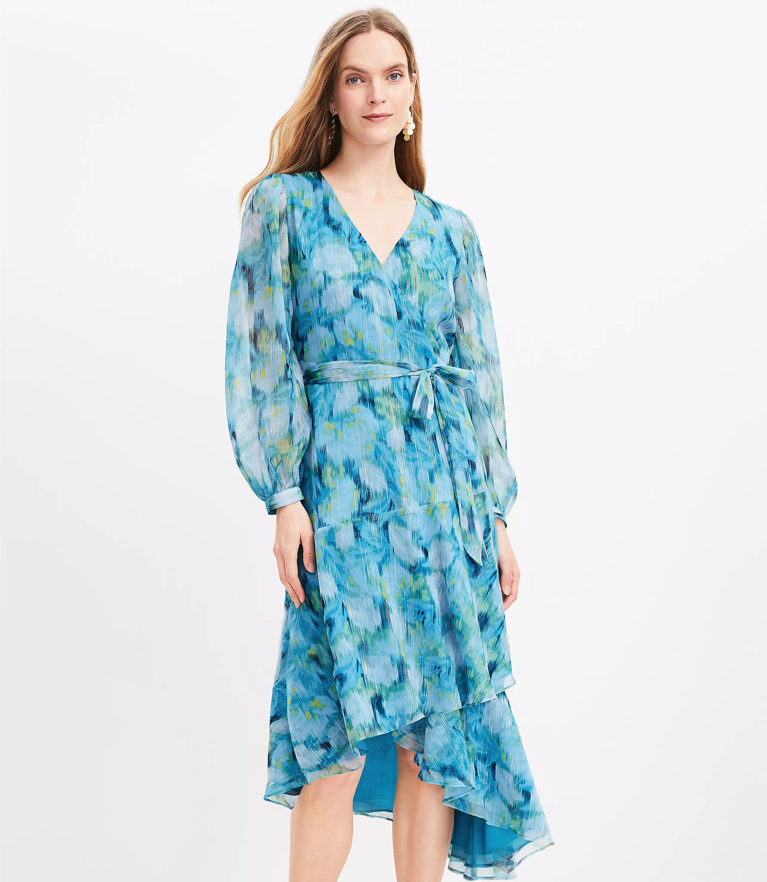 Shimmer Floral Ikat Ruffle Wrap Dress | LOFT