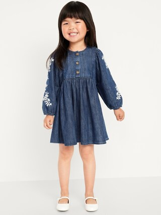 Long-Sleeve Embroidered Jean Dress for Toddler Girls | Old Navy (US)