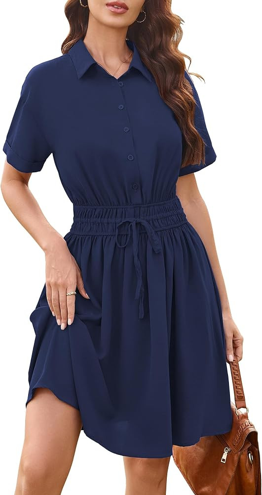 ECOWISH Spring Button Mini Shirt Dresses for Women V Neck Short Sleeve Petite Work Casual Smocked... | Amazon (US)