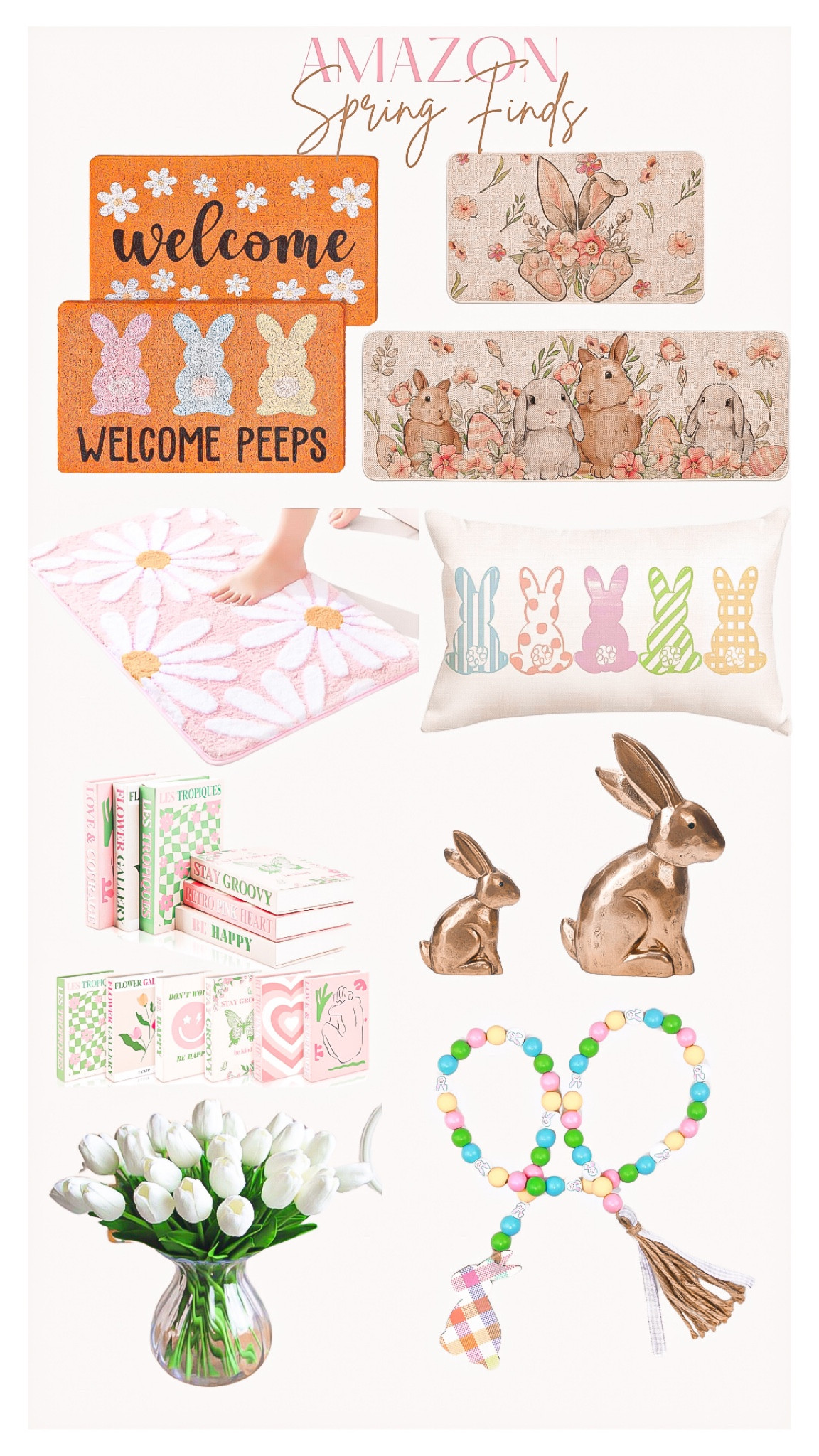 Amazon Easter/ Spring Decor
 🌸💛

Amazon finds, Easter decor,
Spring decor, home decor, home finds, welcome mat, welcome peeps, kitchen mats, bathroom rug, bathroom mat, daisy rug, bunny pillow, throw pillow, gold bunnies, spring books, spring beads, Easter table decor, faux flowers, faux tulips 

#LTKhome #LTKstyletip #LTKSpringSale