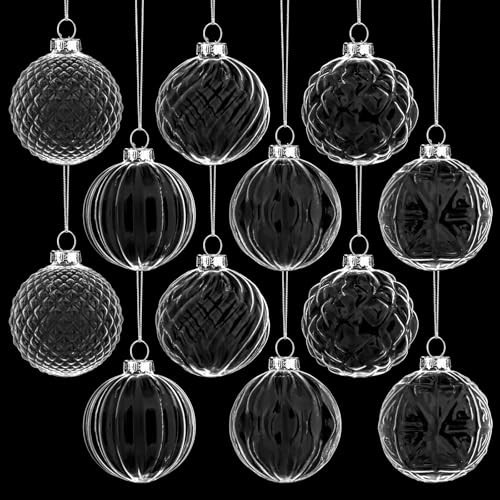 Jenaai 12 Pcs 2.36 Inch Clear Glass Christmas Ball Ornaments Vintage Christmas Tree Decorations Mercury Glass Hanging Ornaments for Trees Xmas Holiday Party Garland DIY Craft Supplies, 6 Style | Amazon (US)