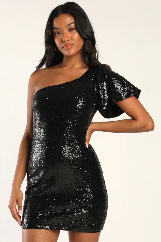 Shimmering Star Black Sequin One-Shoulder Flutter Sleeve Dress | Lulus (US)