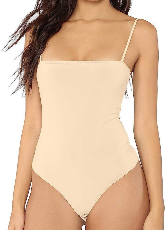 MANGDIUP Women's V-Neck/Square Neck Backless Camisole Adjustable Spaghetti Strap Bodysuits Jumpsu... | Amazon (US)