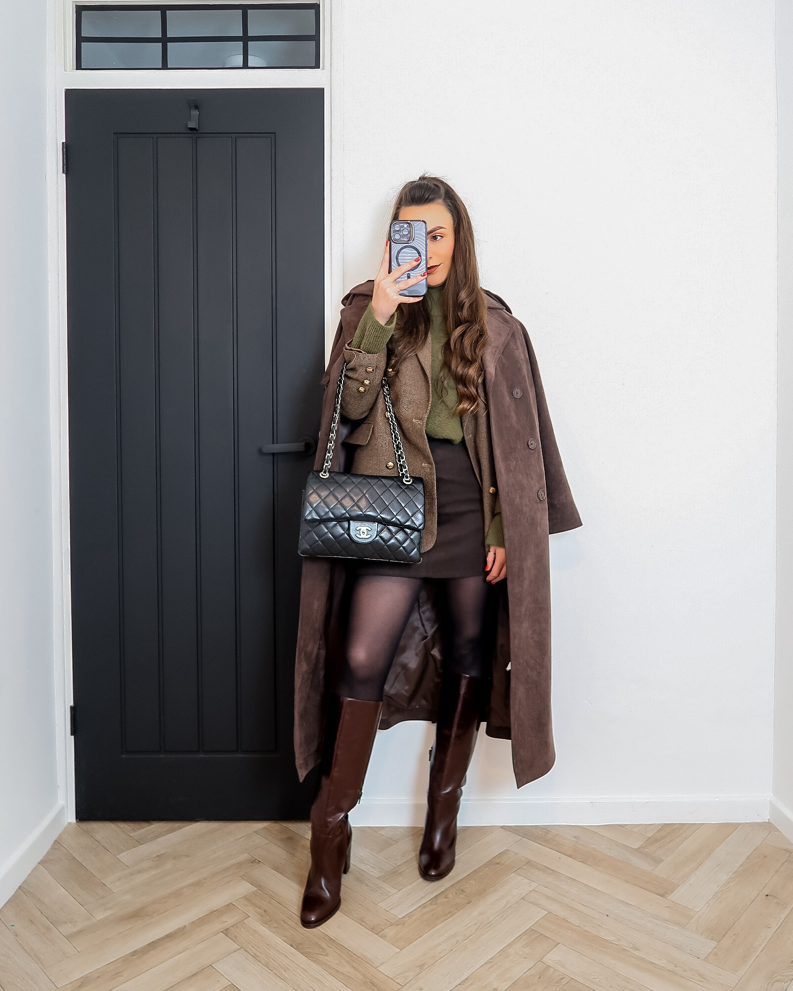 chocolate brown outfit, suede trench coat, brown suede trench, olive green knit outfit, M&S autumn outfit, brown suede mini skirt, herringbone blazer outfit, burgundy knee high boots, autumn fashion uk, chic fall layers, cosy autumn look, brown tonal outfit, fall colour palette outfit, knee high boots styling, elevated everyday style 

#LTKautumn #LTKuk #LTKwinter