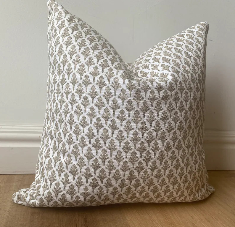 Designer boho floral Indian hand block print pillow cover bown ochre flax natural beige available... | Etsy (US)