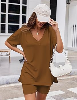 Ekouaer Womens Pajamas 2 Piece Lounge Sets Oversized V Neck T-Shirts Tops Biker Shorts Set Workou... | Amazon (US)