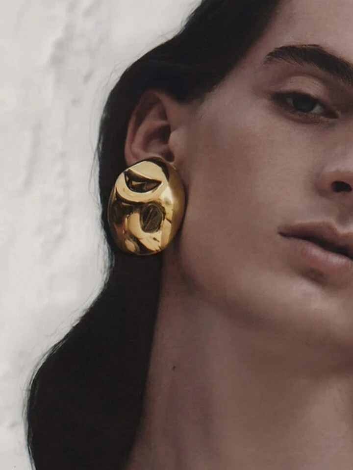 1Pair Stainless Steel Gold Color Vintage Big Metal Earrings Women Fashion Statement Geometric Eur... | SHEIN