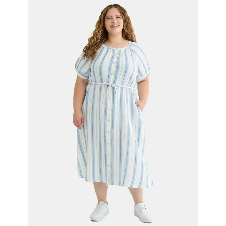Time and Tru Women’s and Women’s Plus Cotton Double Cloth Midi Dress, Sizes XS-4X - Walmart.c... | Walmart (US)