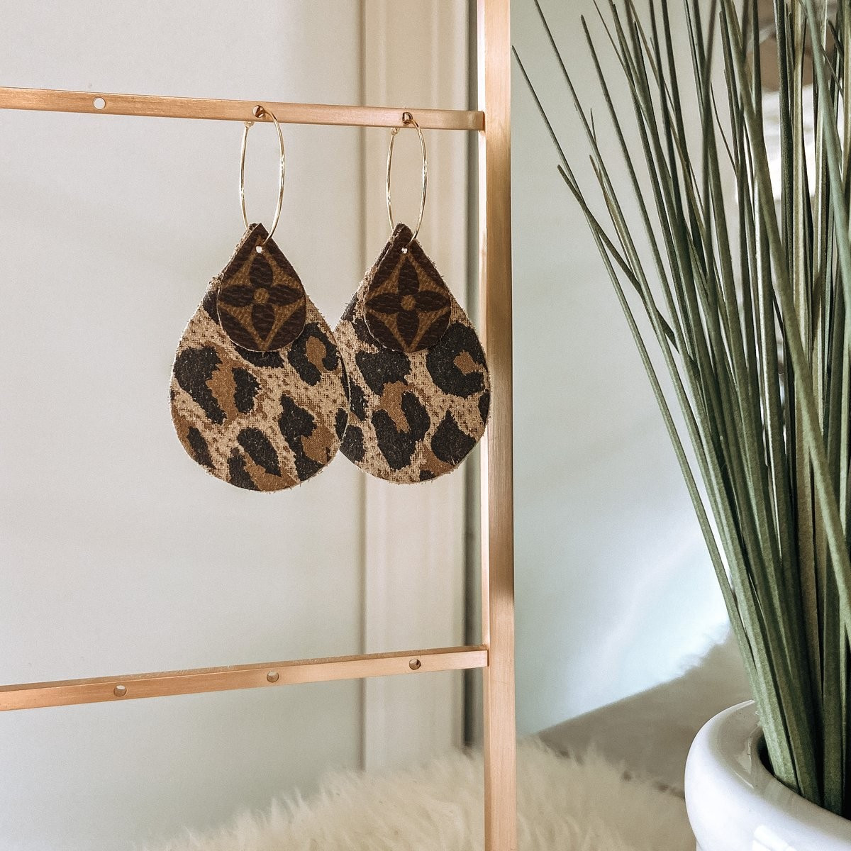Tiered Teardrop Earrings in Upcycled LV Monogram with Leopard Backing | Sparkl