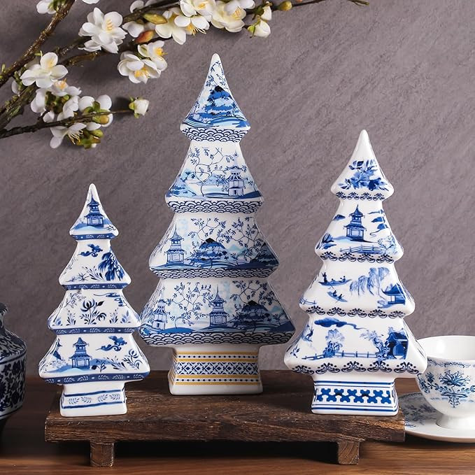 Bucherry 3 Pcs Chinoiserie Christmas Tree Porcelain Table Decoration - Vintage Blue White Ceramic... | Amazon (US)