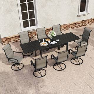 9-Piece Metal Outdoor Dining Set with Extendable Dining Table & 8 Swivel Chairs, Rust-Resistant, Black, Garden Deck Use | The Home Depot