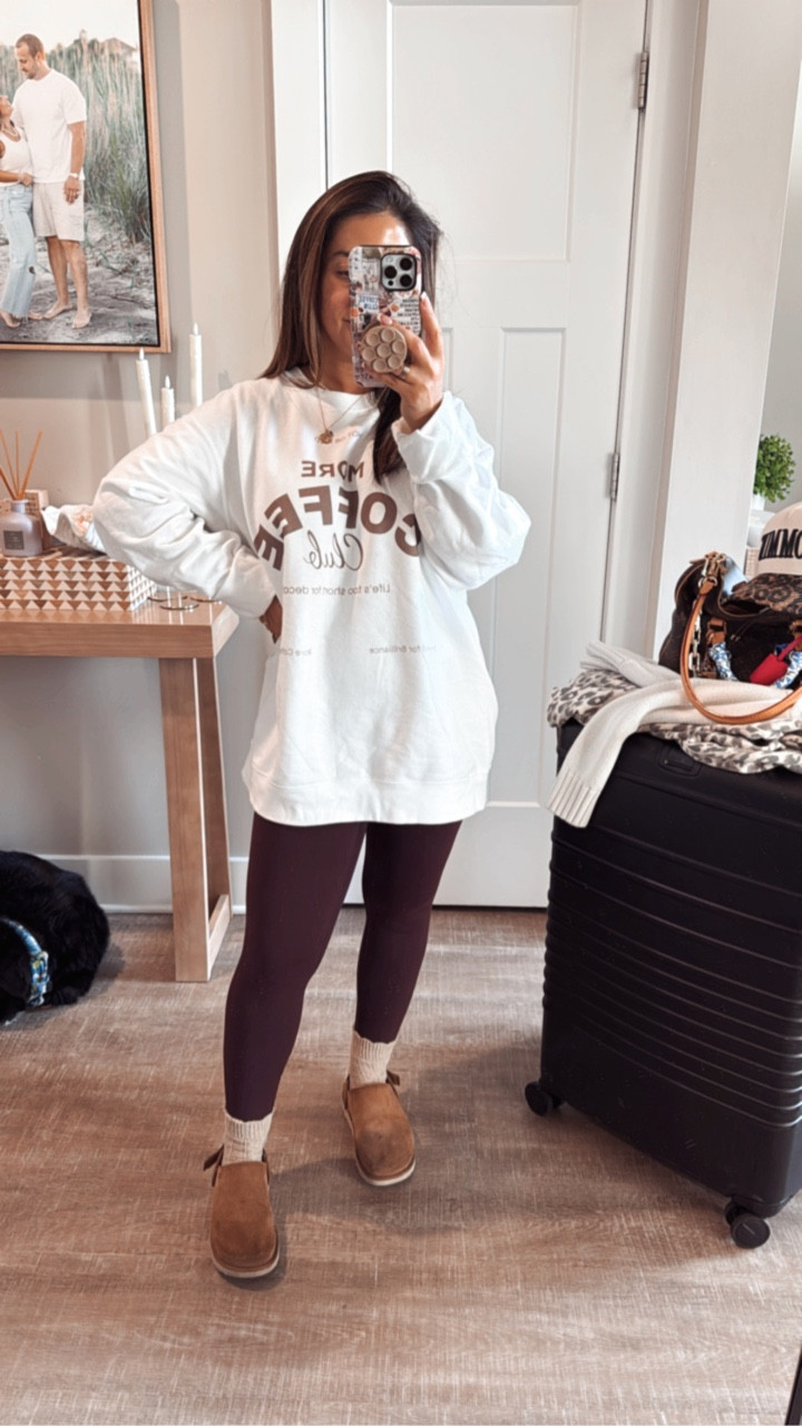 This outfit was perfect for a travel day. You know I’m loving this sweatshirt and pairing it with these leggings was so freaking comfy while being cute. Can you believe I only used one bag for all my stuff?!! 
Travel outfit inspo, casual mom outfit inspo 

#LTKPetite #LTKTravel #LTKMidsize