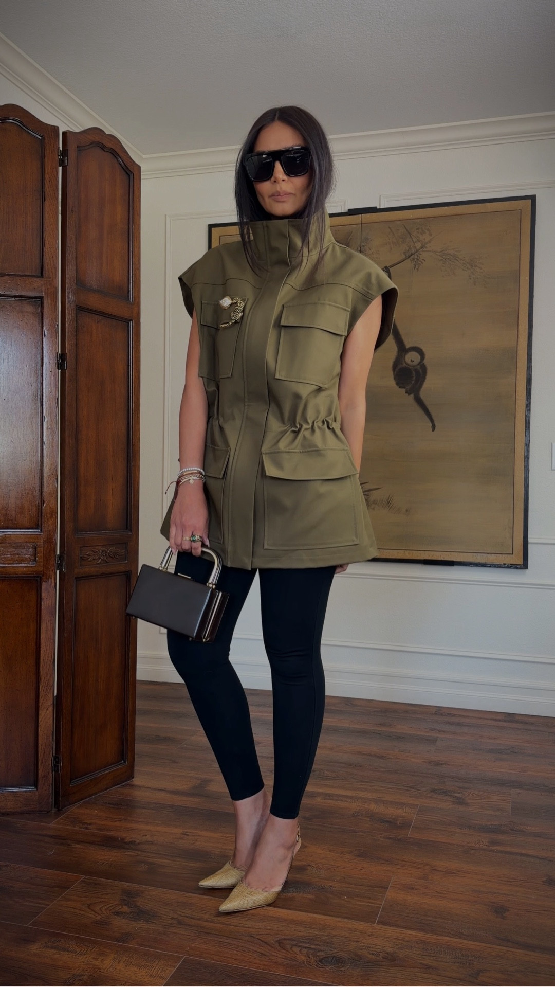Utility elevated: olive cargo vest, sleek black, and beige heels. Wearing size M-L on the jacket! #sponsored

#LTKMothersDay #LTKootd #LTKgrwm