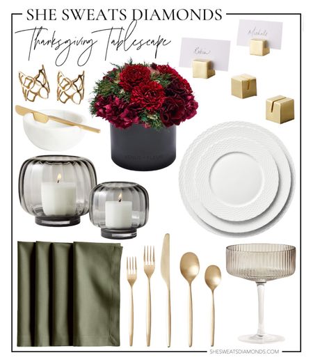 Modern Thanksgiving tablescape idea!

—Modern gold napkin rings
—Eternity floral centerpiece 
—Brass name card holder 
—Ribbed candle holders
—Marble butter dish with knife
—White plate set
—Green cotton napkins
—Gold flatware
—Smoky coupe glasses

#LTKhome #LTKSeasonal #LTKfindsunder100