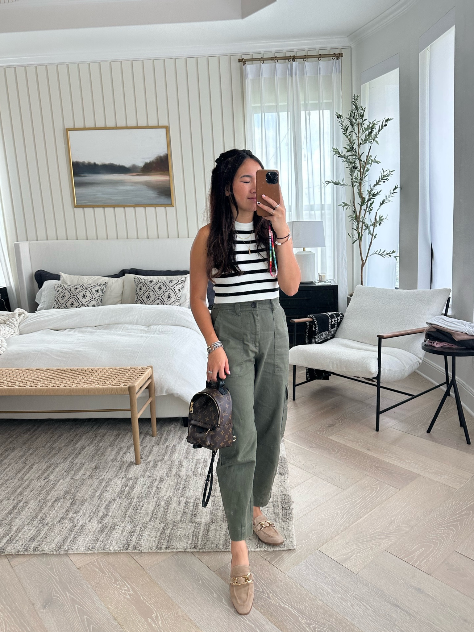 Cargo pants and stripe tank! Wearing a small in the top and I cut off the strings. Cargo pants are Walmart free assembly in size 2! 