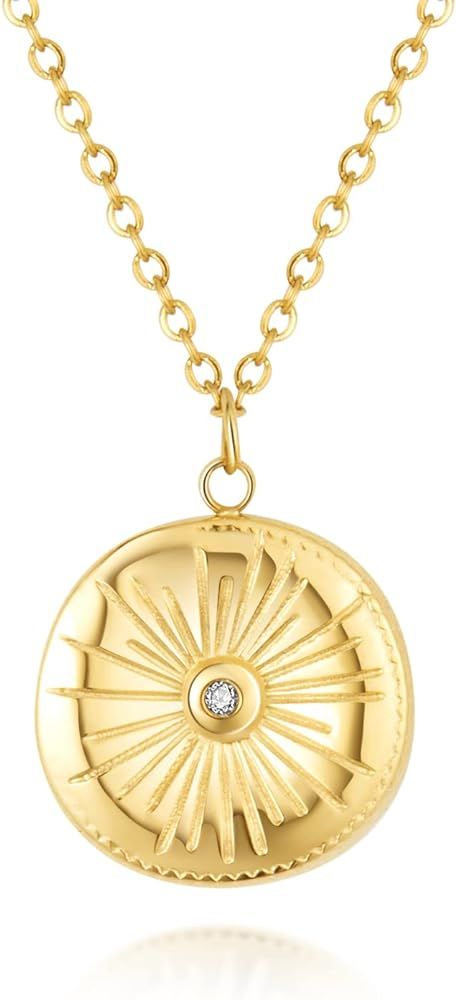 Gold Plated Engraved Ancient Sun-Coin Pendant-Necklace - Irregular Vintage Sunburst Sun Textured Nat | Amazon (US)