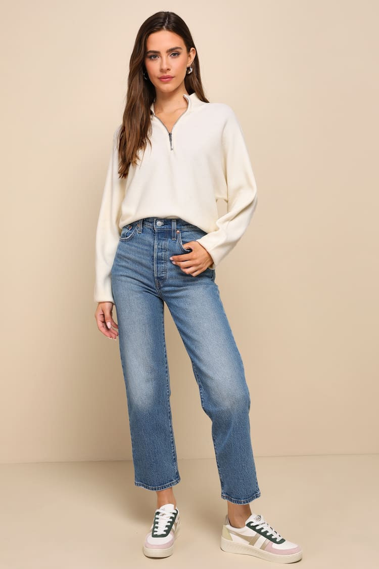 Cuddly Aesthetic Ivory Ribbed Quarter-Zip Pullover Sweater | Lulus