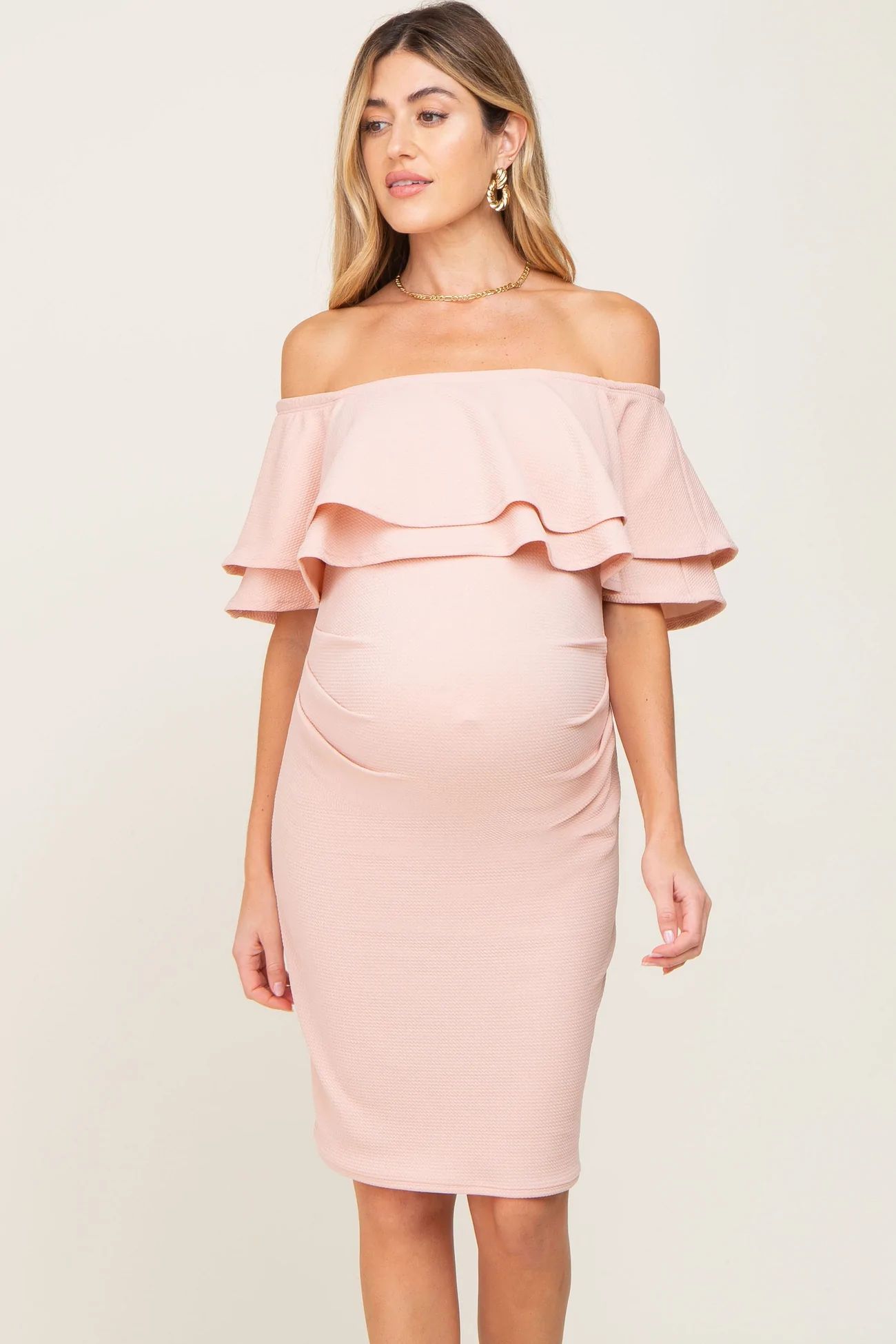 Light Pink Off Shoulder Ruched Maternity Dress | PinkBlush Maternity
