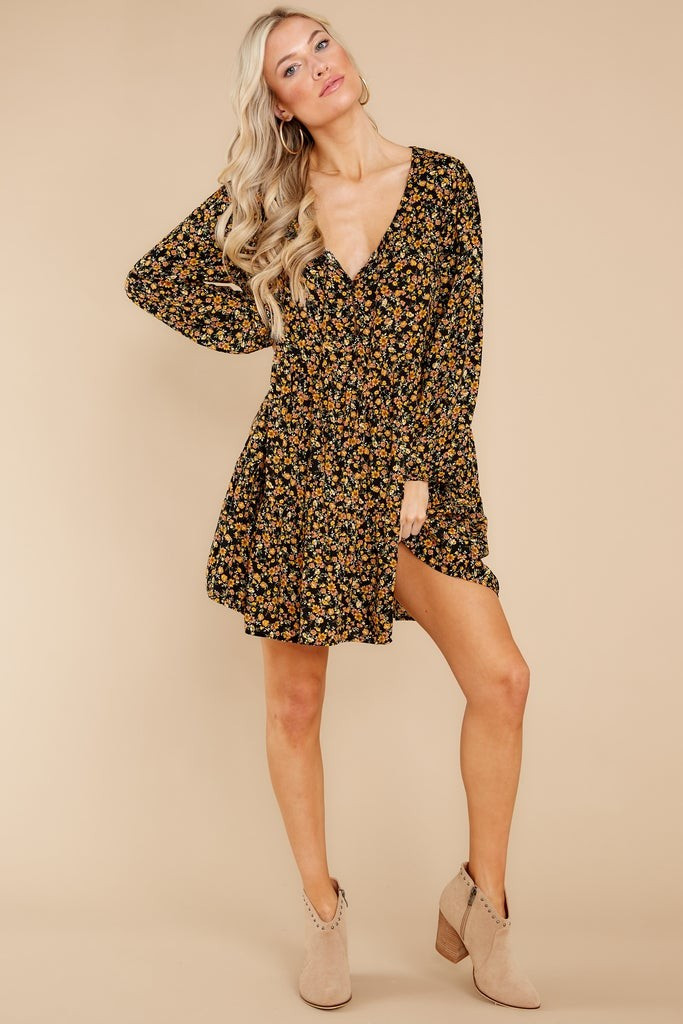 Streetside Sonnet Black And Yellow Floral Print Dress | Red Dress 