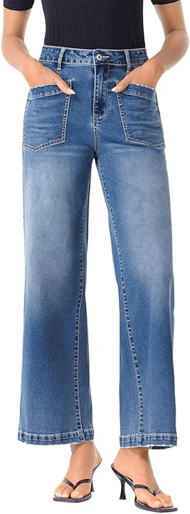 Sidefeel Women's Wide Leg Jeans High Waisted Stretchy Jeans Straight Leg Loose Fit Zimbaplatinum ... | Amazon (US)